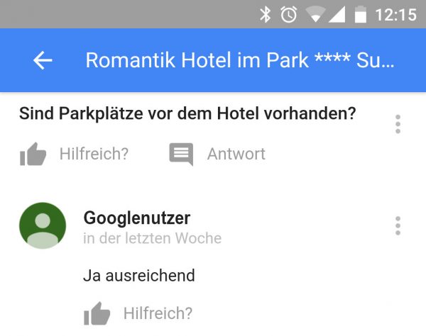 Beispiel Frage & Antwort mobiler Google Brancheneintrag