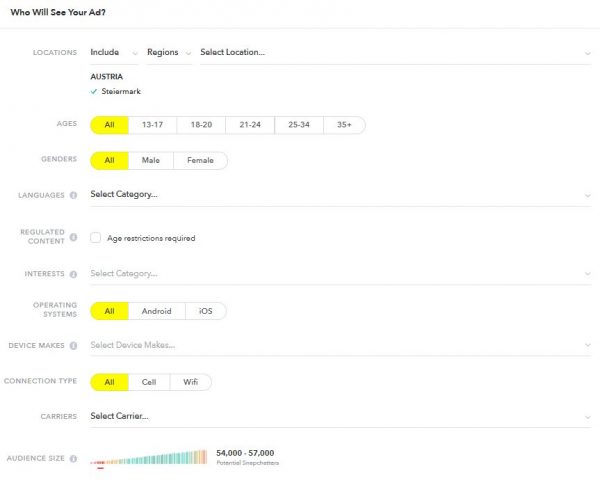 Zielgruppeneinstellungen Snapchat Kampagne
