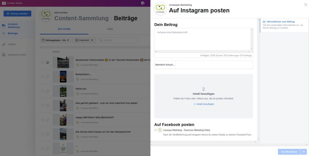 Instagram Posting über Facebook Creator Studio einstellen