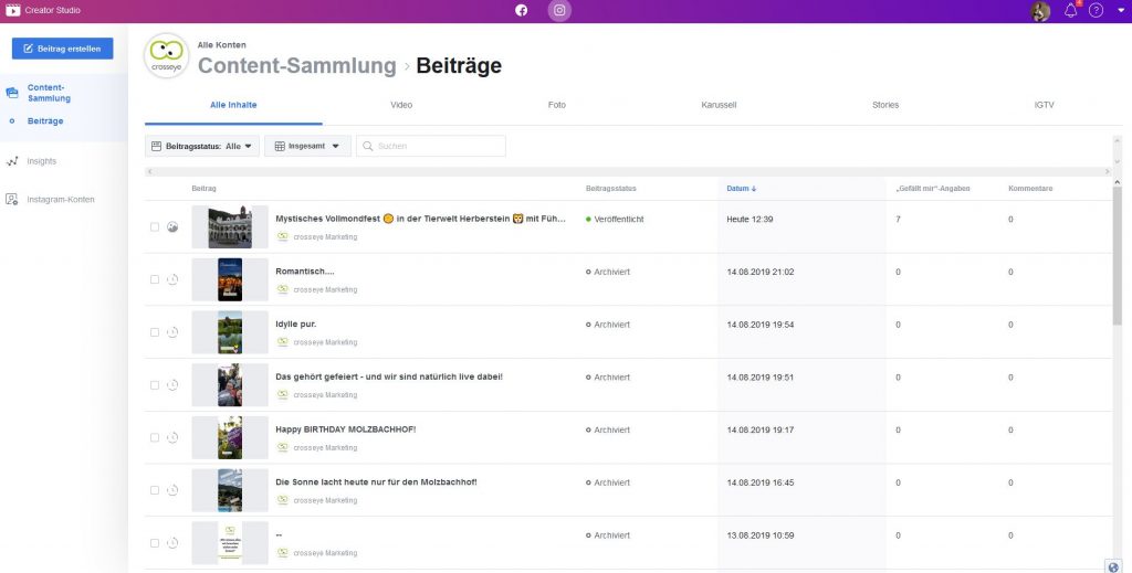 Content-Sammlung Instagram im Facebook Creator Studio ansehen