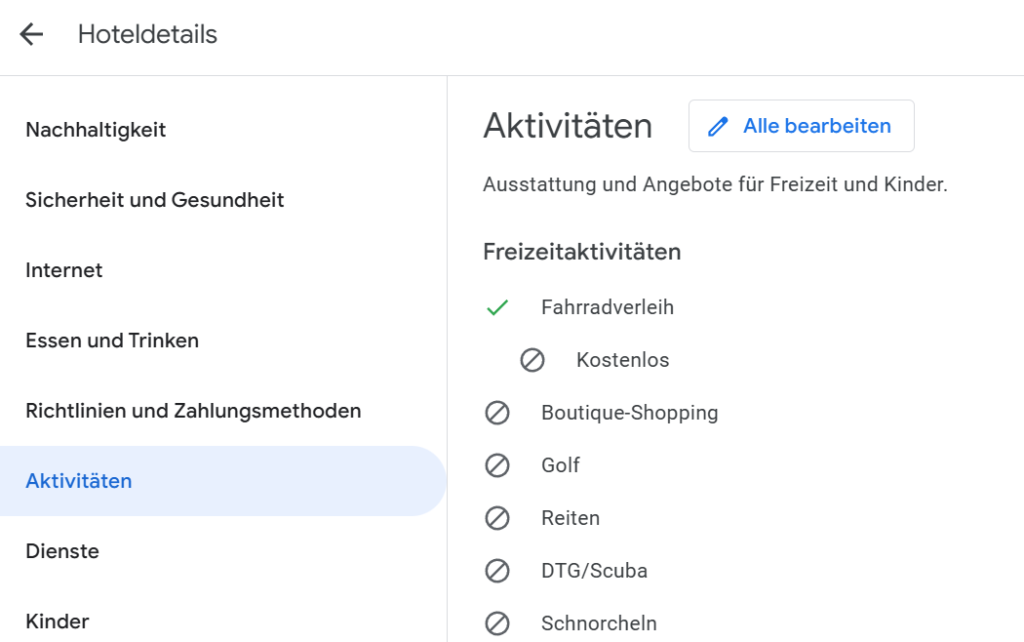 Die Attribute in der Kategorie Hotel im Google Business Profile.