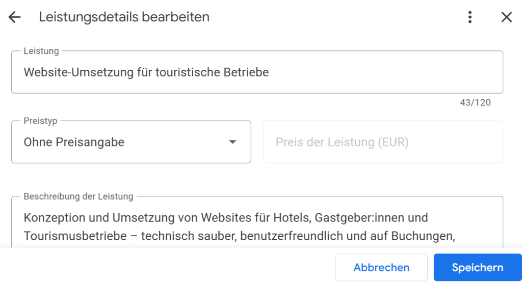 Die Leistungen in der Bearbeitungsoberfläche des Google Business Profile.
