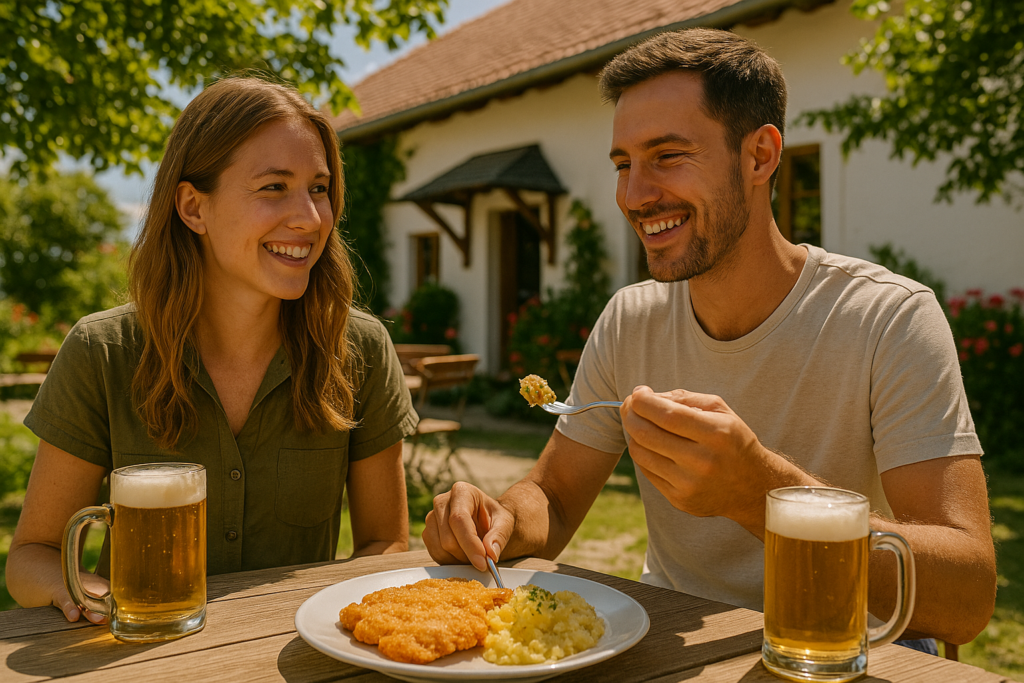 Ein Pärchen sitzt im Gastgarten und genießt ein traditionelles österreichisches Schnitzel.