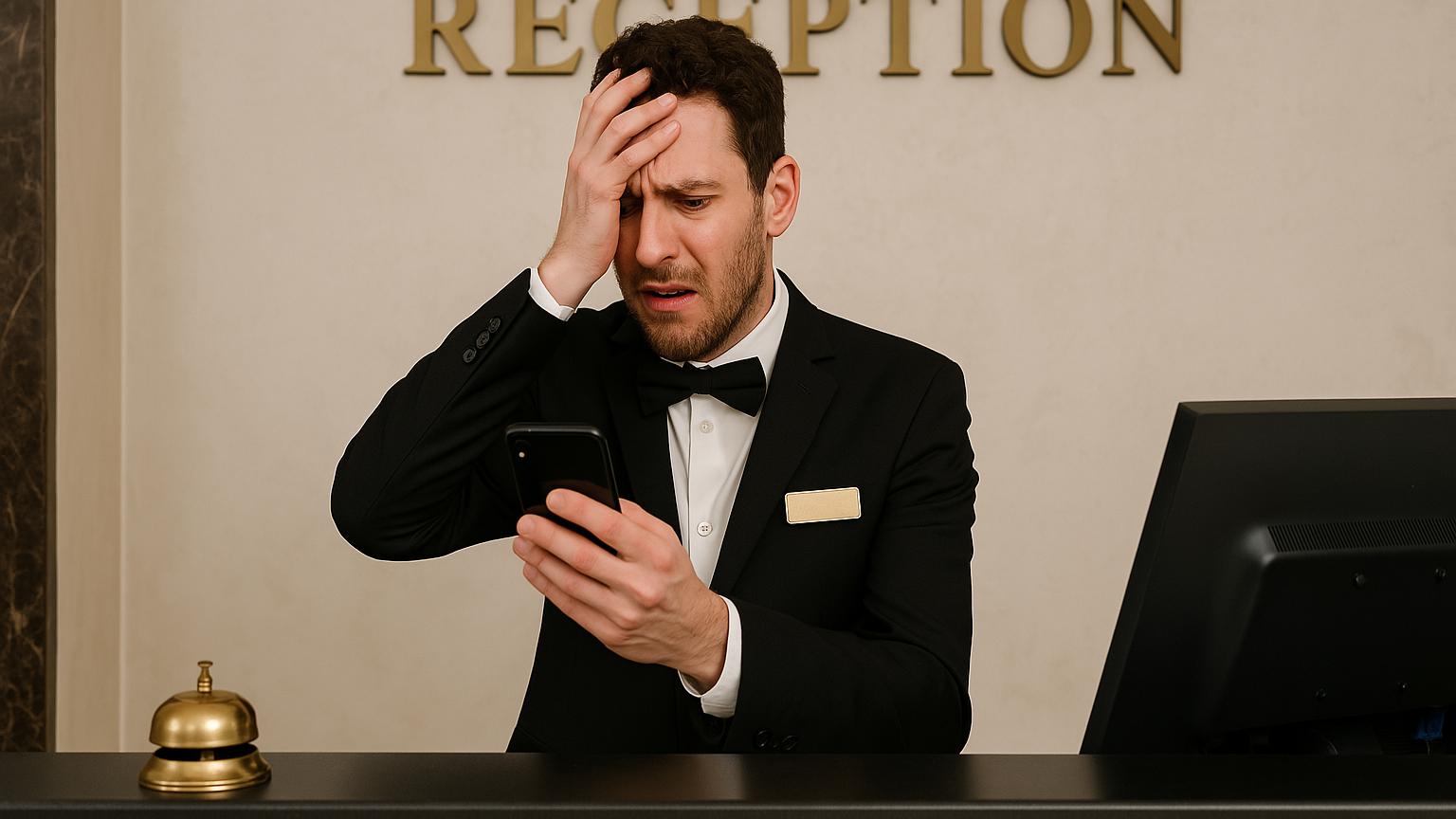 Verzweifelter Rezeptionist schaut aufs Handy in einem Hotel. Verzweifelter Rezeptionist schaut aufs Handy in einem Hotel.
