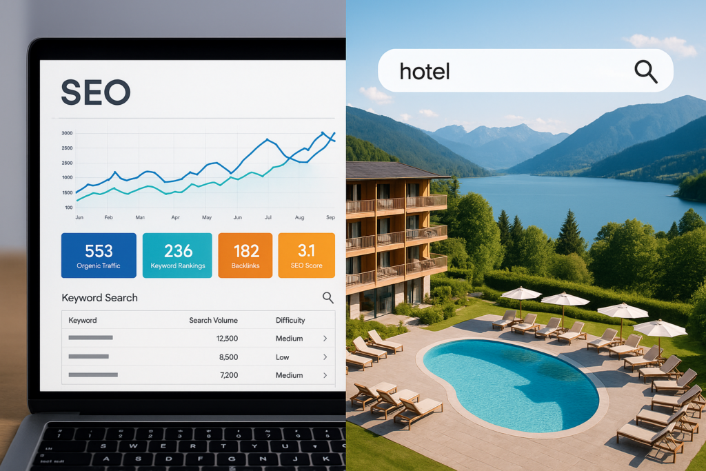 Bildschirm mit SEO-Dashboard & Reisebildern - generiert von ChatGPT. Bildschirm mit SEO-Dashboard & Reisebildern - generiert von ChatGPT.