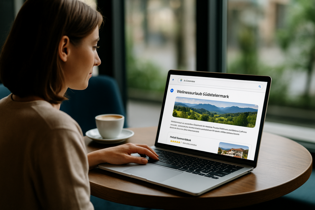 Dame sitzt vor einem PC und sucht einen Urlaubsort - generiert mit ChatGPT. Dame sitzt vor einem PC und sucht einen Urlaubsort - generiert mit ChatGPT.