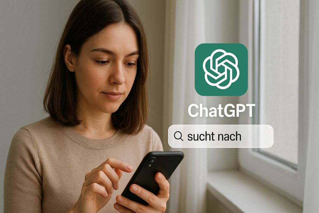 Dame sucht auf ihrem Handy etwas mit ChatGPT - Foto generiert von ChatGPT