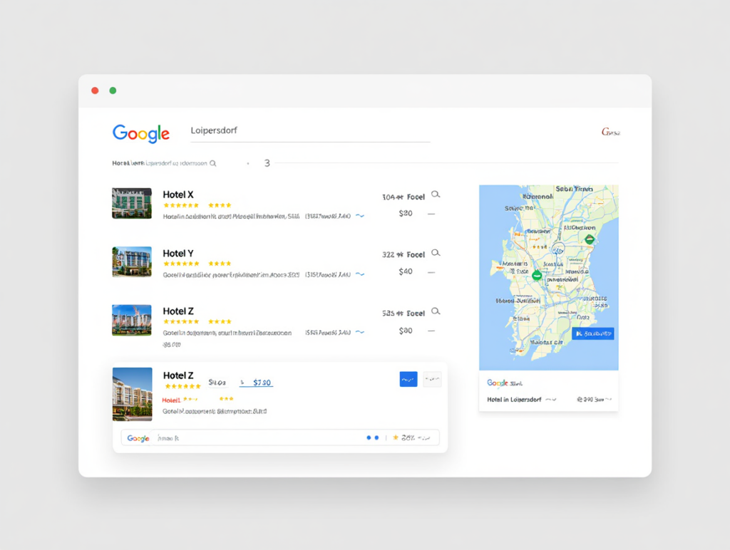 Screen der Google Suche mit verschiedenen Hotels als Suchergebnis - generiert von ChatGPT.