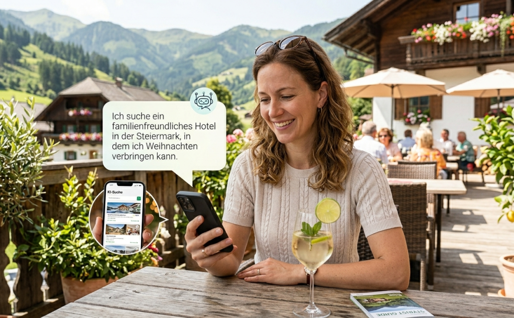 Frau sucht in KI-Systemen nach einem Urlaub zu Weihnachten. Frau sucht in KI-Systemen nach einem Urlaub zu Weihnachten.