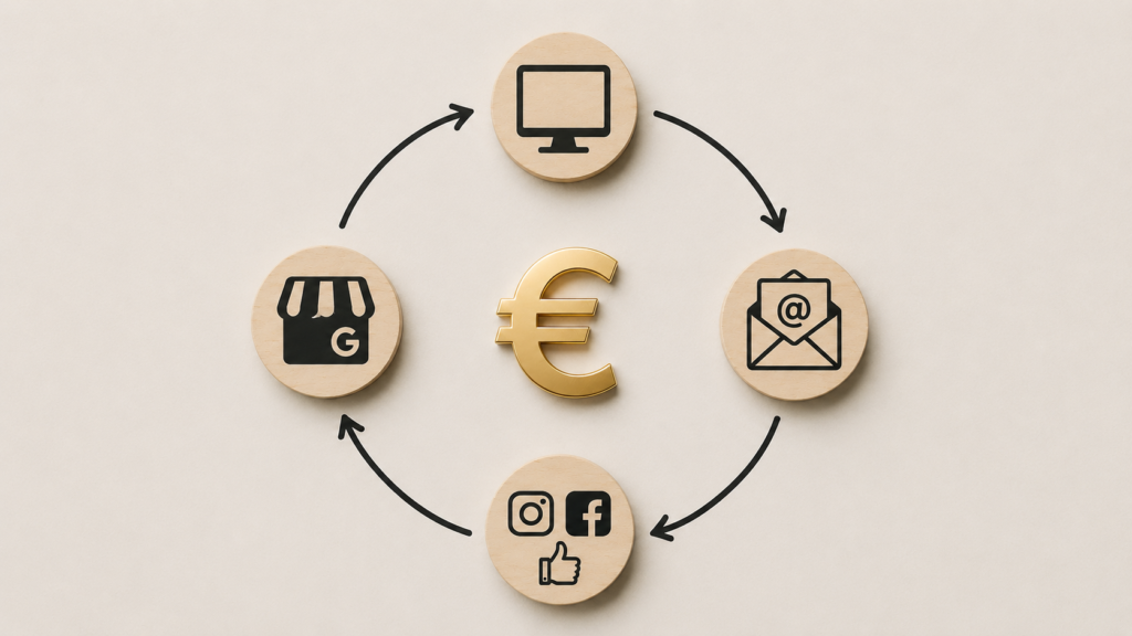 Die wichtigsten Marketingkanäle als Icons dargestellt. Kreislauf crosseye Marketing