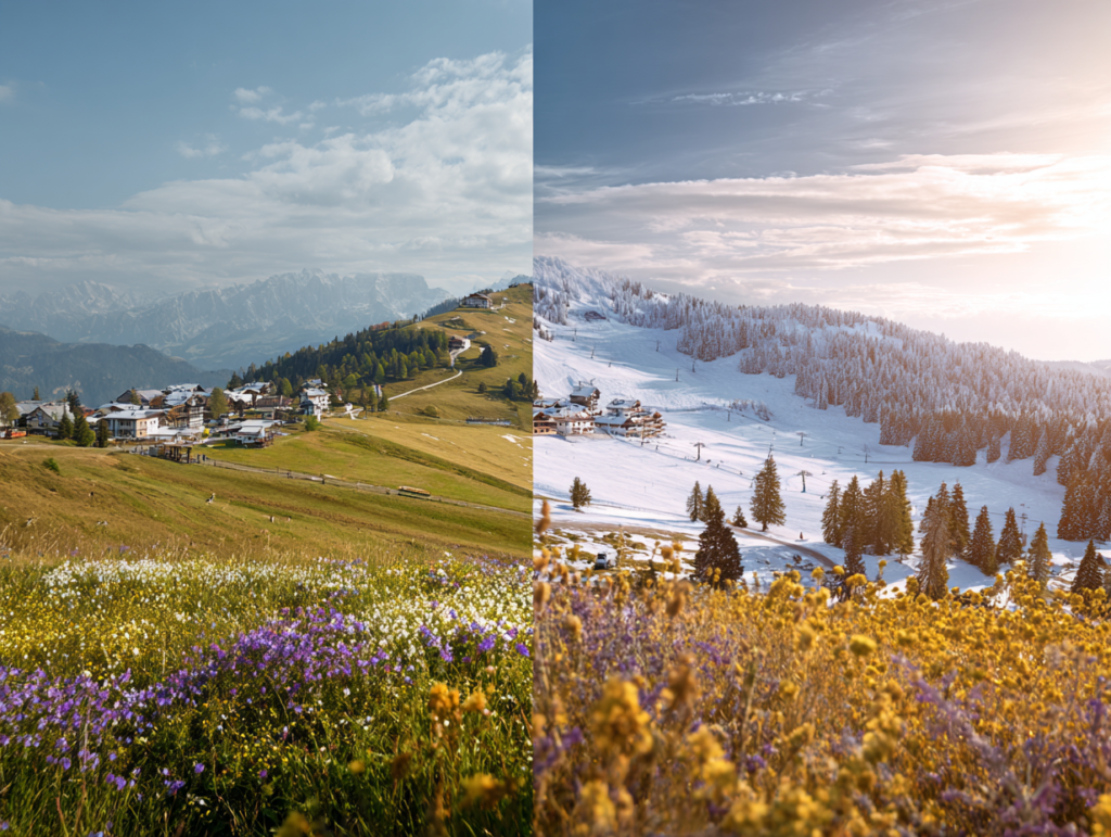 Sommer auf der rechten Seite und Winter auf der linken Seite. Sommer auf der rechten Seite und Winter auf der linken Seite.