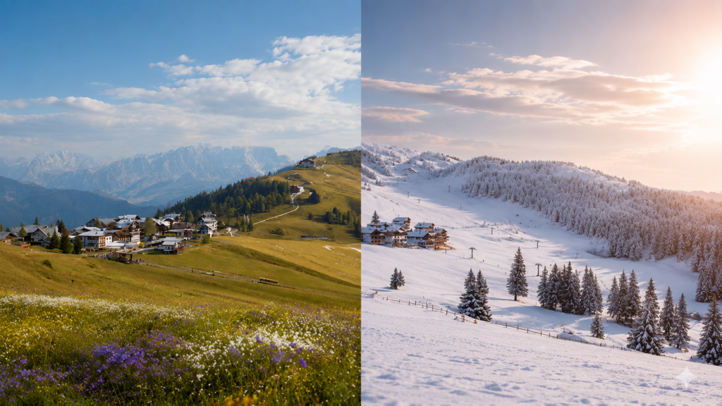 Sommer auf der rechten Seite und Winter auf der linken Seite. Winter Sommer crosseye Marketing