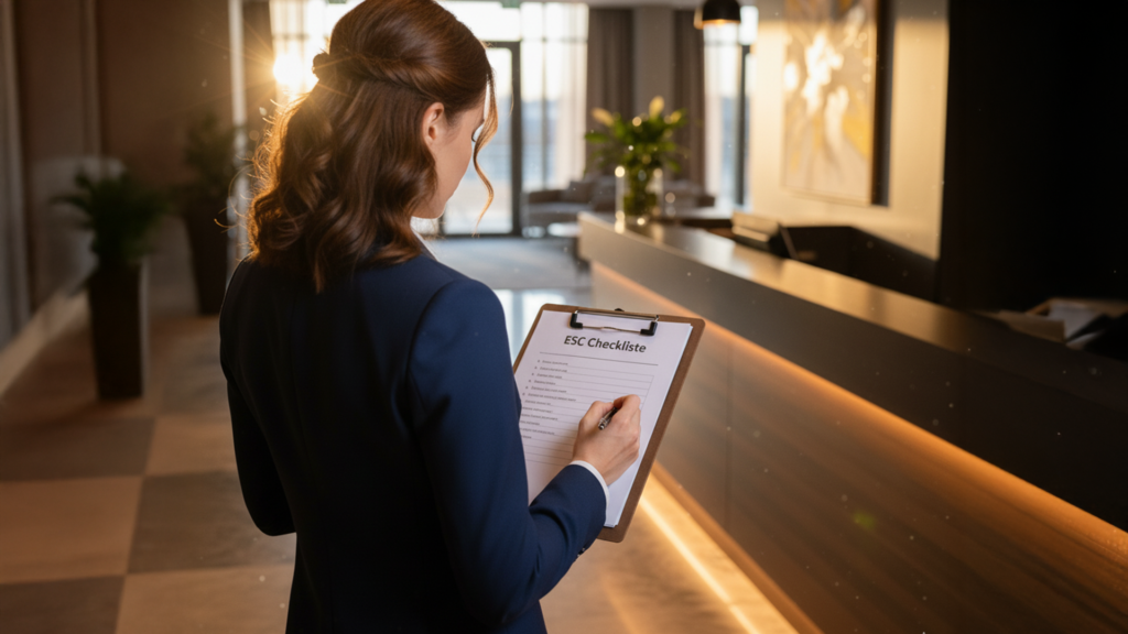 Rezeptionistin mit ESC Checkliste in der Hand. Rezeptionistin mit ESC Checkliste in der Hand.