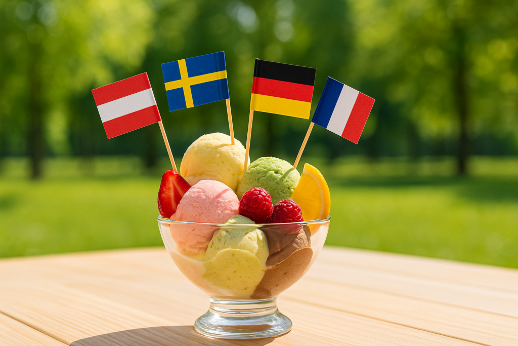 Eisbecher mit Fähnchen der Teilnehmer:innen beim ESC 2026. Eisbecher mit Fähnchen der Teilnehmer:innen beim ESC 2026.