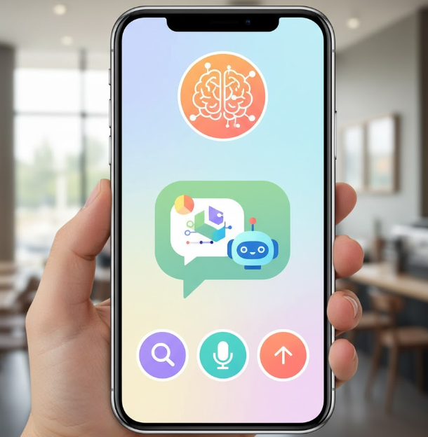 Screen von einem KI Chatbot am Handy mit Icons. Screen von einem KI Chatbot am Handy mit Icons.