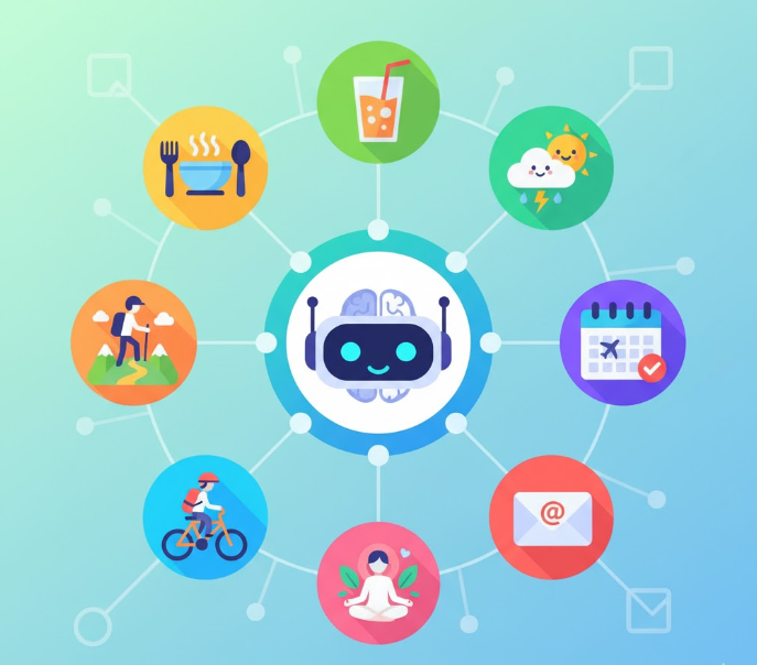 Icons in einer Grafik zur Darstellung der Funktionen eines KI Chatbots. Icons in einer Grafik zur Darstellung der Funktionen eines KI Chatbots.