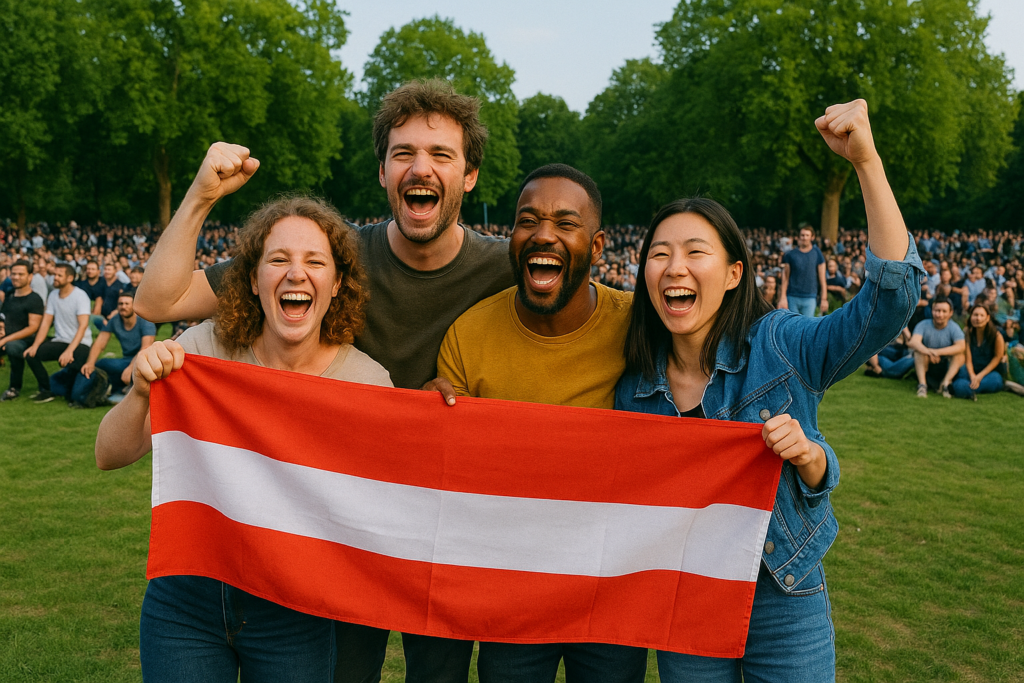 Junge Leute mit österreich Flagge in der Hand beim ESC Public Viewing. Junge Leute mit österreich Flagge in der Hand beim ESC Public Viewing.
