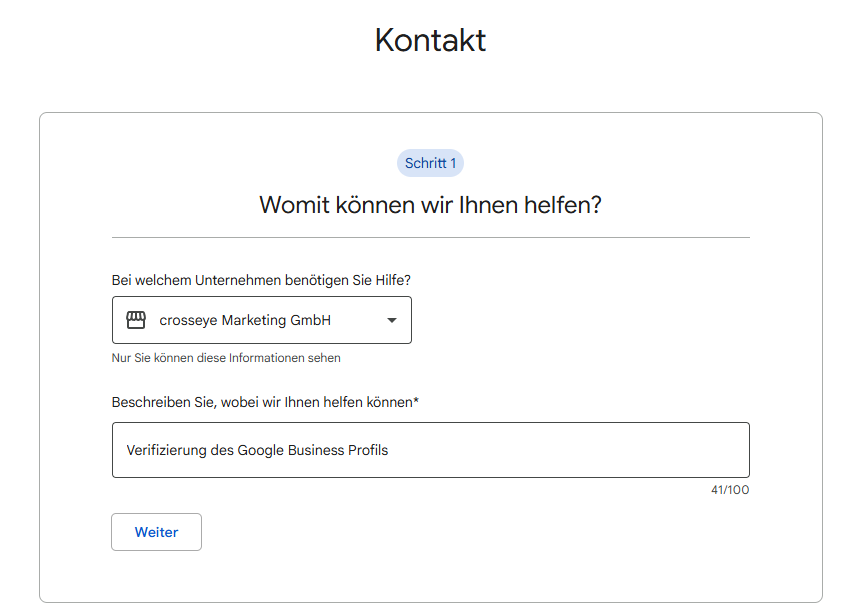 Screen der Hilfe Seite bei Google.
