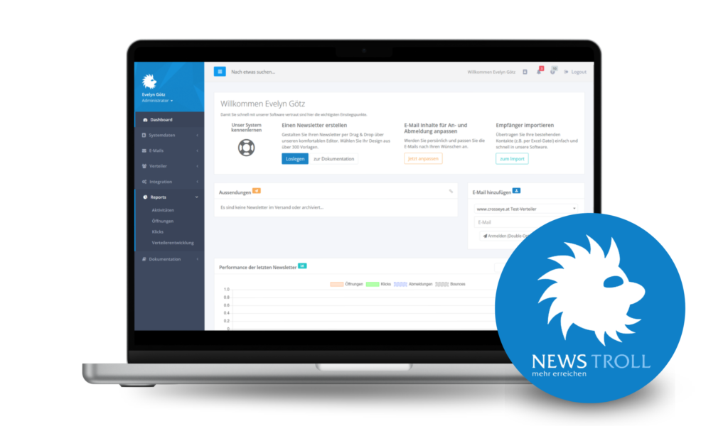 Dashboard von Newstroll für Newsletter-Management. Dashboard in Newstroll für Newsletter-Management.