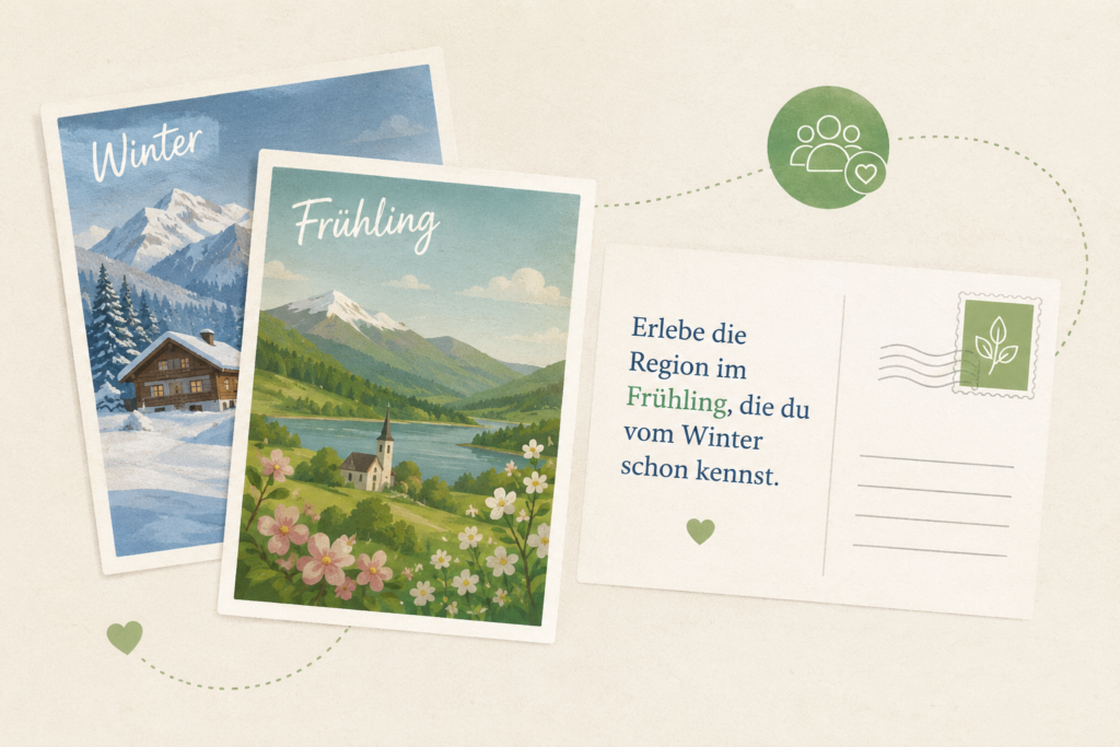 Reiseziele im Wandel der Jahreszeiten auf Postkarten. Reiseziele im Wandel der Jahreszeiten auf Postkarten.