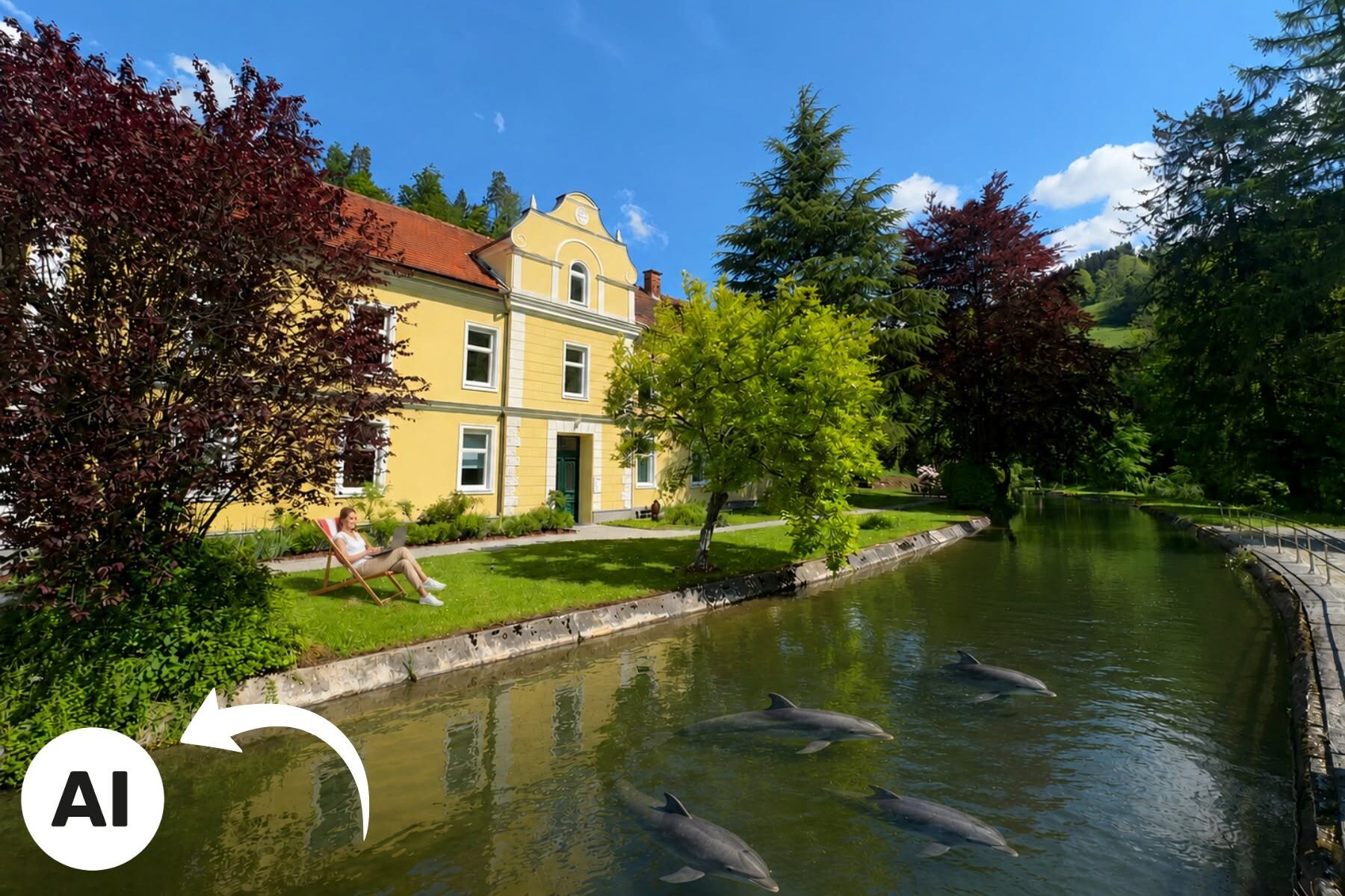 KI-generiertes Bild mit Frau im Liegestuhl vorm GIZ und Delfine im Wasser. KI-generiertes Bild mit Frau im Liegestuhl vorm GIZ und Delfine im Wasser.